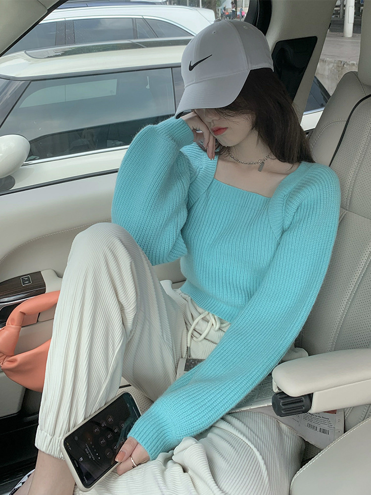 Pullover Short Women's Autumn and Winter New Bubble Sleeve French Off Shoulder Top Foreign Style High Waist Sweater Backing