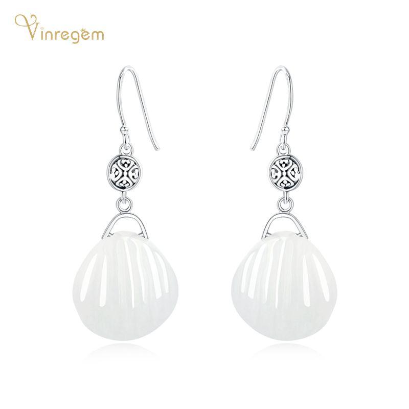 

Dangle & Chandelier Vinregem 100% 925 Sterling Silver 19*17MM White Quartz Gemstone Wedding Engagement Vintage Romantic Earrings Fine Jewelr