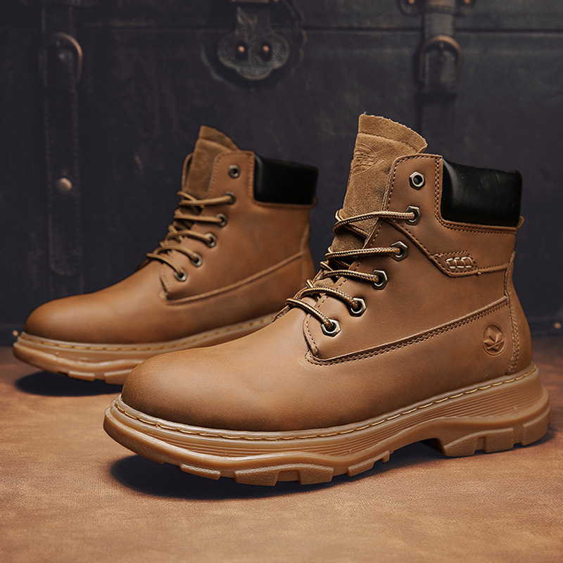 

Classic Tough Guy Rhubarb Boots Mid-tube Autumn and Winter Male Martin Leather Boots Solid Color Outdoor Male Boots England, Black