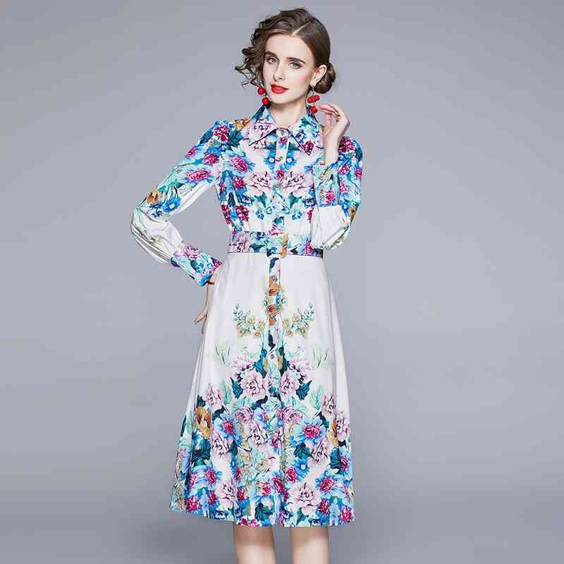 

Banulin Spring Summer Fashion Runway Shirt Dress Women's Long Sleeve Turn Down Neck Vintage Floral Print Belted Midi 210603, White