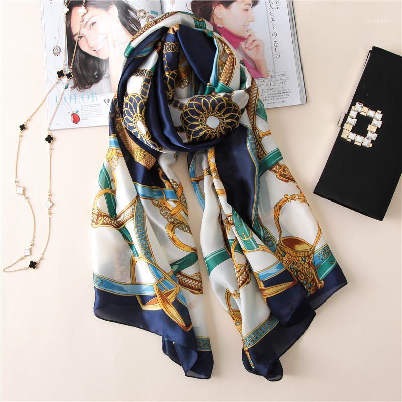 

Scarves [Peacesky] 2021 Fashion Bandana Luxury Chains Print Scarve Blue And White Woman Brand 100% Silk Scarf Women Shawl Hijab1