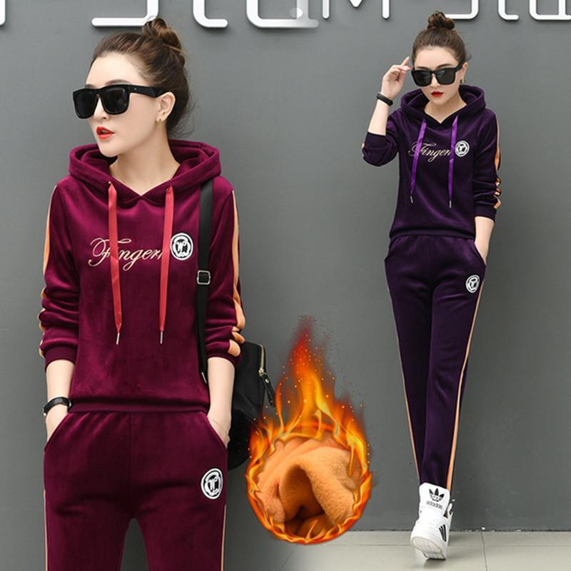 

Autumn Velvet Tracksuits Two Piece Set Women Hooded Long Sleeve Top And Pants Suit Female 2pcs Fleece Outfits Velour Sportswear Women's, White