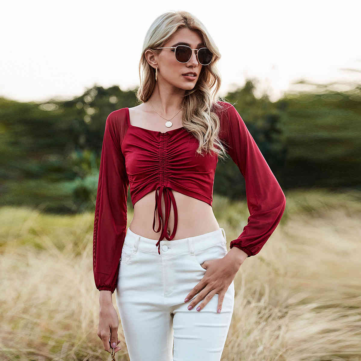 

Spring Spandex and Cotton V-Neck Skinny Red Solid Shirring Casual Pullover Women's Blouse 210524, Claret