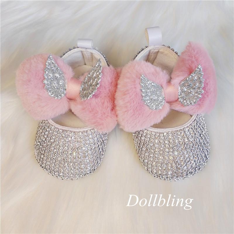 

First Walkers Dollbling Pink Fluffy Silver Wing Baby Shoes 1st Birthday Shabby Rose Flower Unique Keepsakes Born Gift Pography