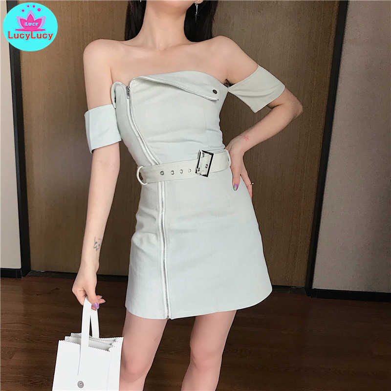 

Women's summer sexy temperament word collar backless design sense denim bag hip dress Sleeveless Zippers 210603, Gray