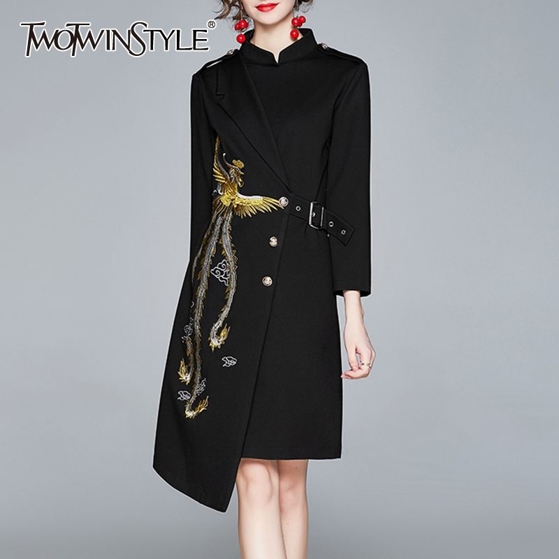 

TWOTWINSTYLE Patchwork Embroidery For Female Dress Stand Collar Long Sleeve High Waist Slimming Women's Elegant Dress 210517, Black