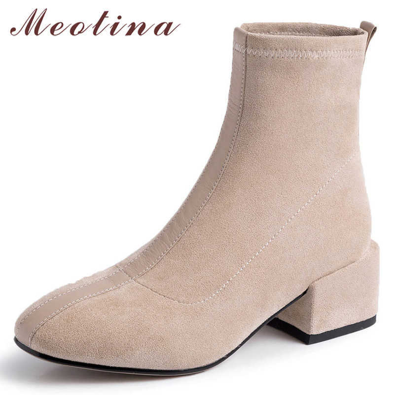 

Meotina Women Boots Autumn Ankle Boots Cow Suede Thick Heel Elastic Boots Slip on Square Toe Short Shoes Female Fall Size 34-39 210608, Black synthetic lini