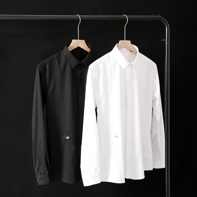 

140 thread count liquid ammonia ironless fabric spring and autumn men's classic solid color versatile business casual shirt t7560, White;black