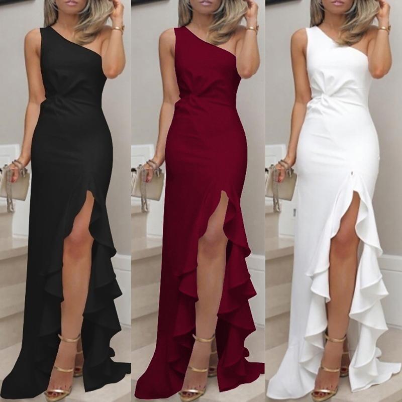 

Casual Dresses Womens One Shoulder Ruched Ruffle Formal Evening DressSlim Maxi, Black