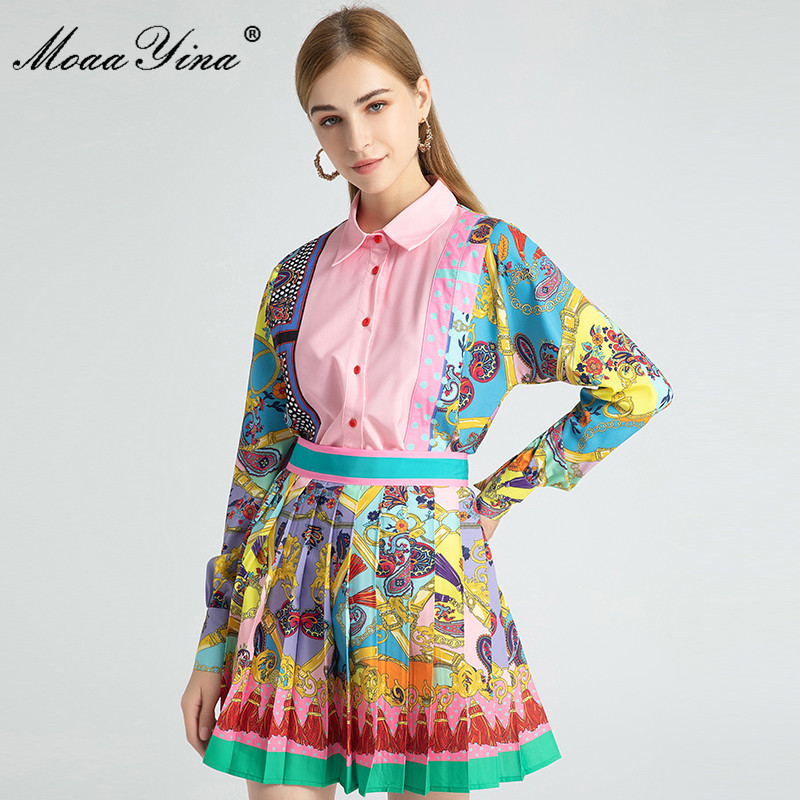 

Fashion Designer Set Spring Women Long sleeve Baroque Print Blouses Tops+Pleated skirtTwo-piece sets 210524, Multi