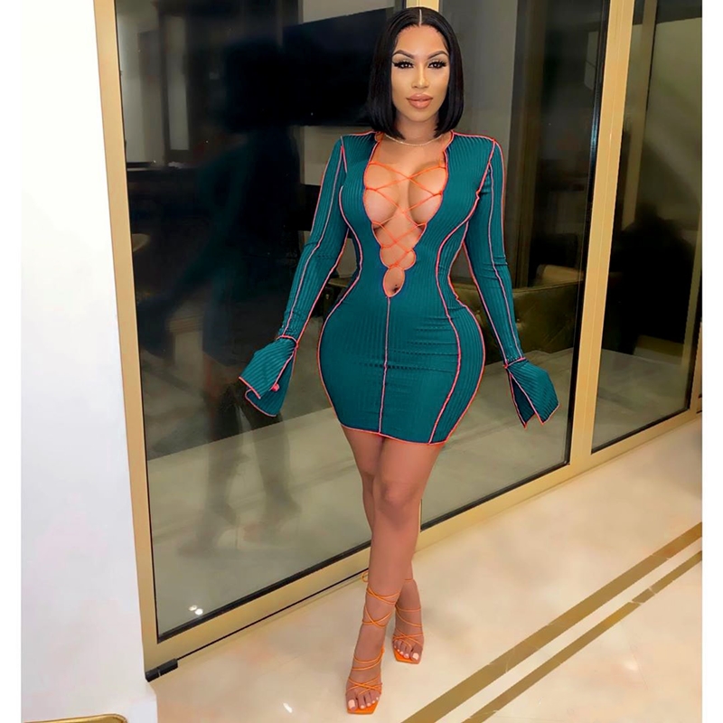 

2021lace up deep v neck ribbed long sleeve bodycon dresses women patchwork club partywear fashion mini dress fall, Black;gray