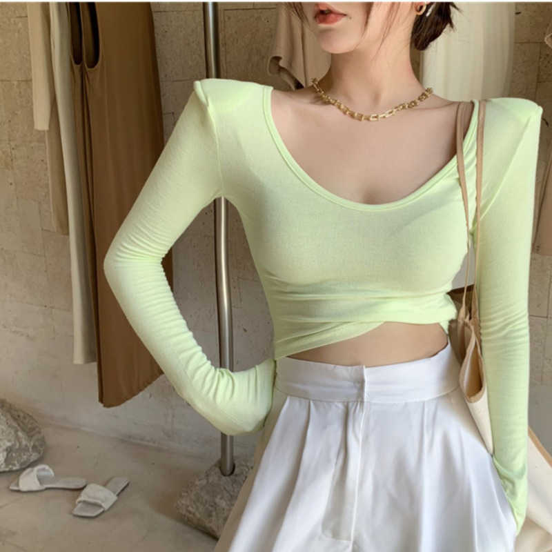 

WOMENGAGA Green V Neck T-shirt Women's Spring Summer Top Long Sleeve Sexy Tight Navel Bottoming Tees s Short G1U 210603, Black