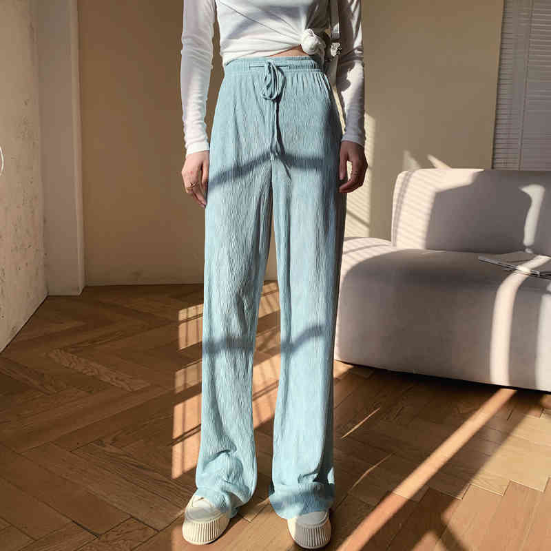 

Wave pattern high waist drape folds ice silk wide-leg pants loose thin casual women's straight-leg sale 210520, Mint green