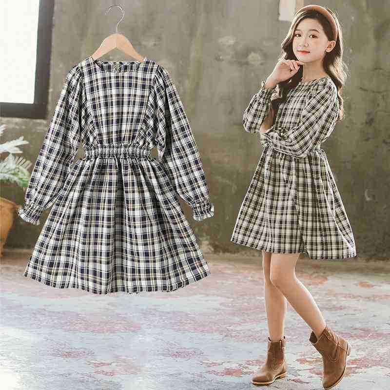 

2021 new middle school children's Plaid waist girl's foreign style long sleeve skirt autumn dress, Red;yellow