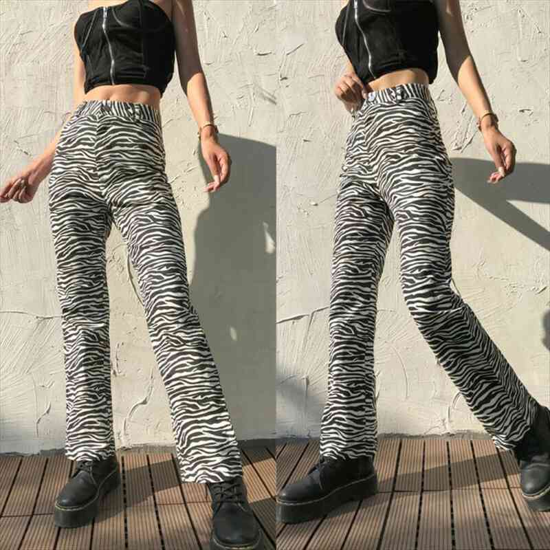 

fashion zebra pattern women pants high waist wide leg pants button trousers bell bottom black white casual sports
