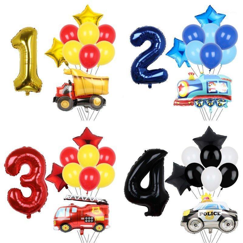 

Party Decoration 1Set Cartoon Truck Train Aluminum Foil Balloons Red Blue Latex Balloon Set Children 1 2 3th Birthday Decor Gifts Kids Toy