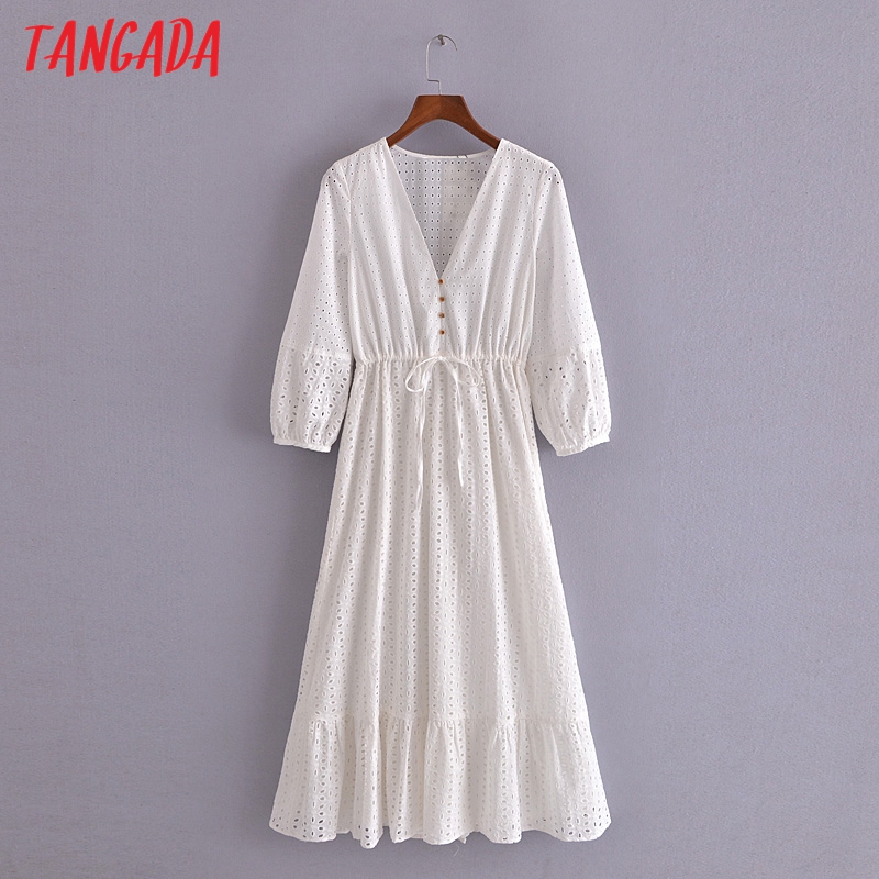 

Tangada 2021 Summer Women White Embroidery Romantic Dress V Neck Short Sleeve Ladies Midi Dress Vestidos 3H184
