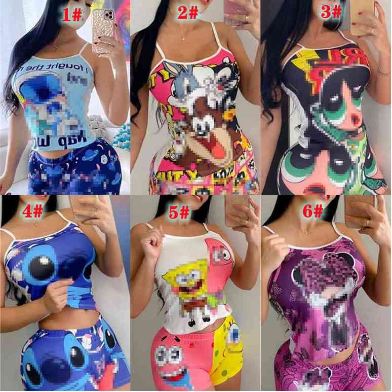 

Women Tracksuits Designer Clothing Summer Colorful Two-piece Sets Slim Cartoon Printed Sleeveless Vest And Shorts Suits Outfits, Mix or give list 7-10