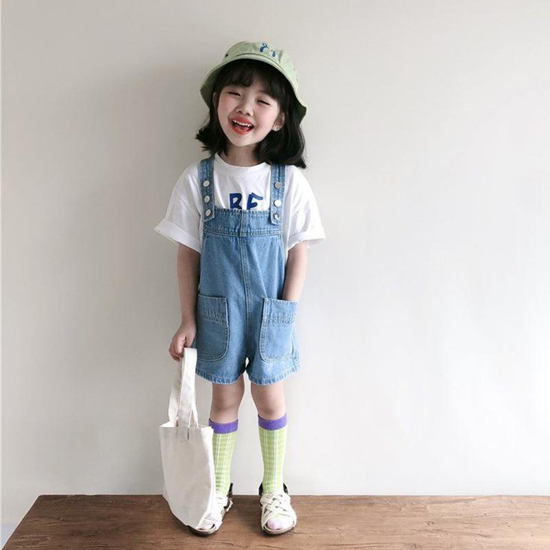 

Jumpsuits 2021 Summer Korean Style Girls Jumpsuit Cute Fashion Washed Jeans Denim Romper Straps Short Pants Boutique Overalls 2-8 Year, As the picture