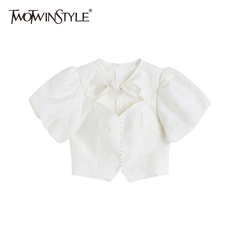 

Casual White Shirt For Women V Neck Puff Short Sleeve Patchwork Bowknot Hollow Out Slim Shirts Female Summer Style 210524