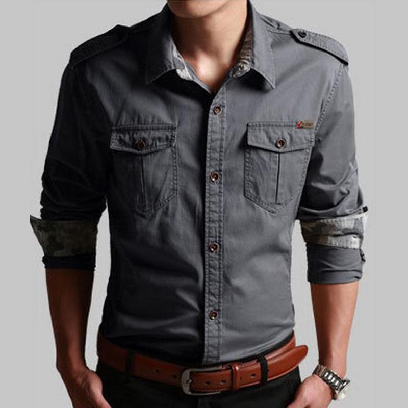 

Shirts Men Cotton Casual Slim Fit Fashion Long Sleeve Military Safari Style Cargo Work Man Clothing Plus Size 5XL Men's, Navy