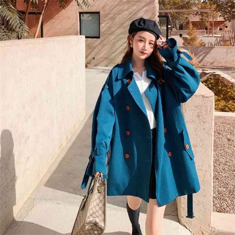 

autumn oversized waist-tight short style trench turn-down collar belt Double Breasted high waist coat women outwears 210517, Blue