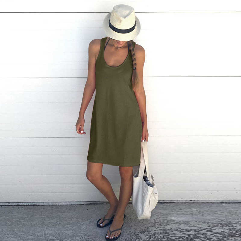 

Casual Loose Women Basic Dress Solid O-Neck Sleeveless Summer Female Mini Dresses W9171 210526, Army green