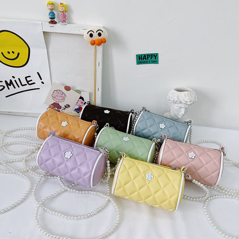 

Designer Kids Diamond lattice handBag luxury Girls flowers pearl chain messenger bag Children PU leather one shouder bags A6791, Black