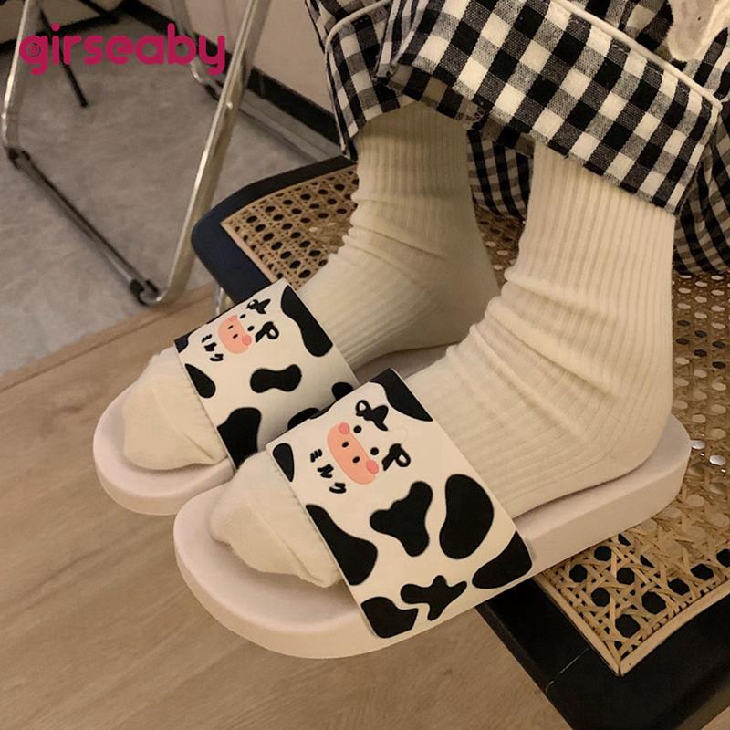 

Girseaby 2021 Women Couple Slipper Open Toe Thick Bottom Cartoon Cow Cute Stylish Big Size 41 Casual Indoor Black D593 Slippers
