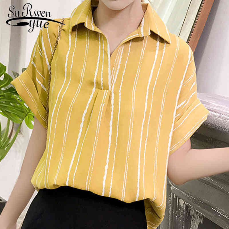 

summer loose fat MM female striped shirts short sleeved blouses shirt fashion plus size casual chiffon clothing 0439 40 210521, White