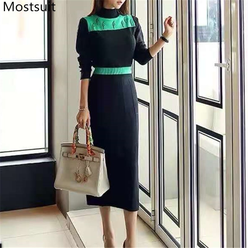 

Color-blocked Korean Elegant Knitted Long Dress Women Spring Full Sleeve Stand Collar Slim Waist Pencil Dresses Vestido 210518, Green