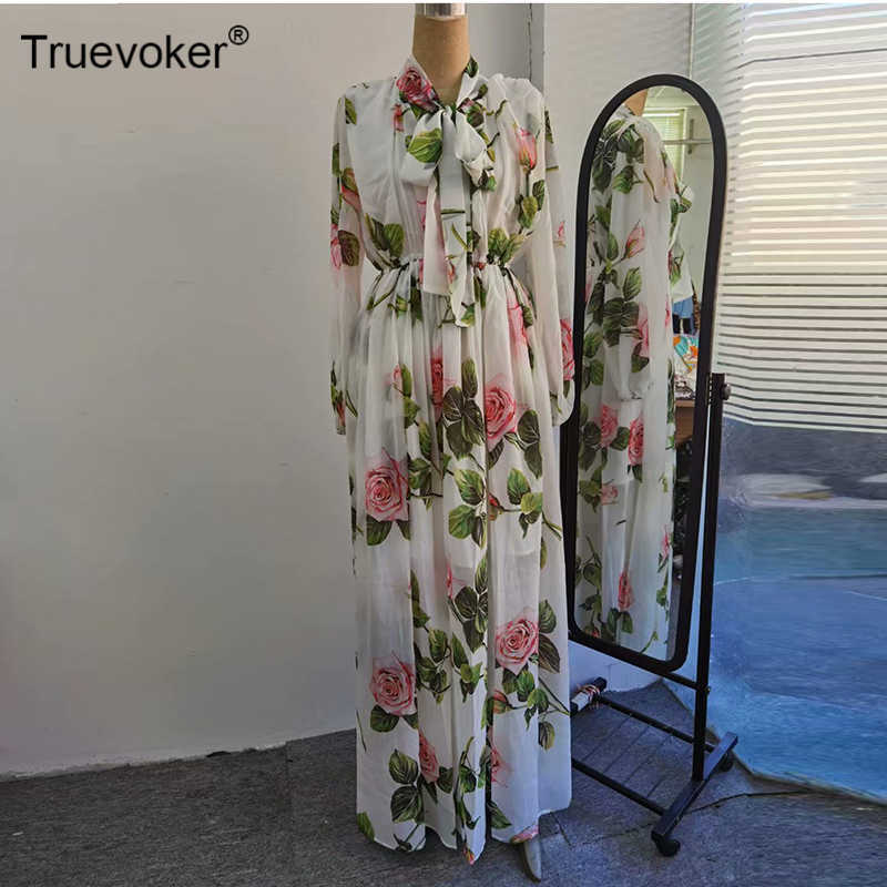 

Truevoker Autumn Runway Fashion Maxi Robe Women's Long Sleeves Elegant Rose Floral Print Silk Floor Length Dresses 210602, Blue