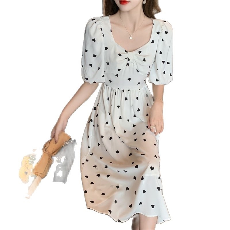 

Retro printed polka dot square neck high waist chiffon fashion dress women retro French long skirt summer 210520, White