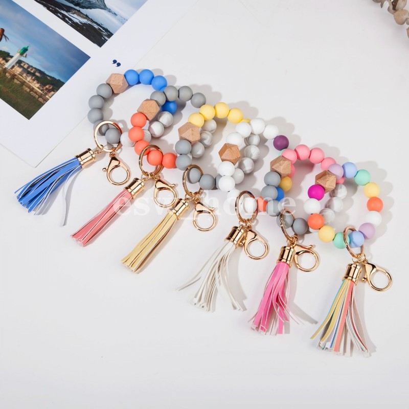 

Party Favor Silicone Keychain Keys Tassel Wood Beads Bracelet Keyring For Women Multicolor Beads Wholesale