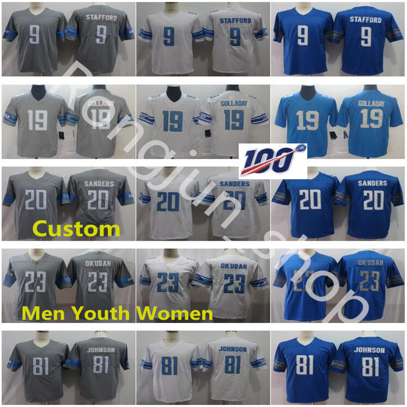 

2021 Custom Stitched Detroit Mens Football 19 Kenny Golladay 9 Matthew Stafford Barry Sanders Jared Goff Jeff Okudah Limited Lion jerseys, Black