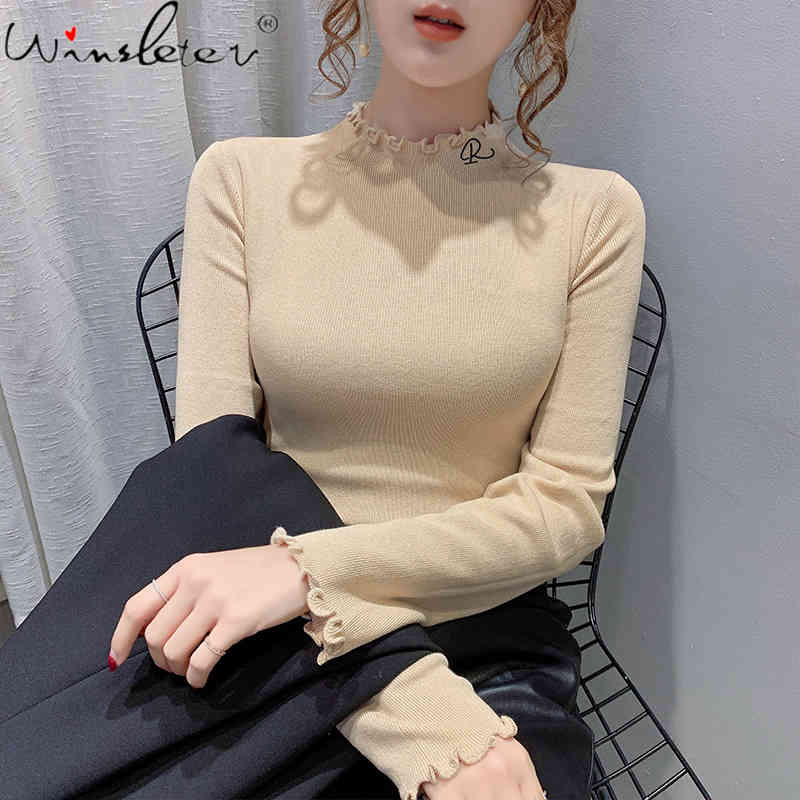 

Women' Knits & Tees Fall Winter Korean Clothes Knitted Sweater Chic Solid Ruffles Letter Tops Ropa Mujer Bottoming Shirt All Matc, Black sweater