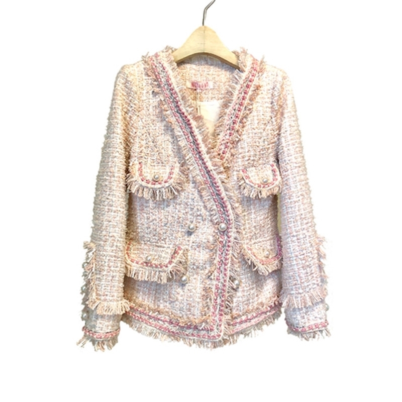 

Women Elegant Pearl Buttons Tweed Fringe Tassel Jackets Outerwear Office Lady OL Formal V-neck Short Coats 210525, Picture color