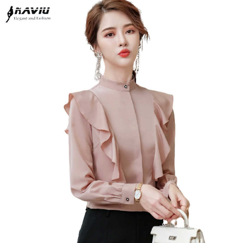 

High End Shirt Women Long Sleeve Spring Fashion Temperament Slim Ruffles Chiffon Blouses Office Ladies Work Tops 210604, Khaki