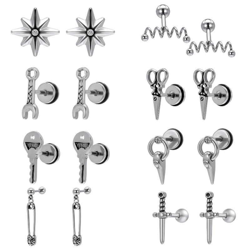 

Stud AOEDEJ 8 Styles Stainless Steel Earrings For Men Women Scissors Key Hip Hop Punk Rock Ear Piercing Jewelry Gifts, Golden;silver