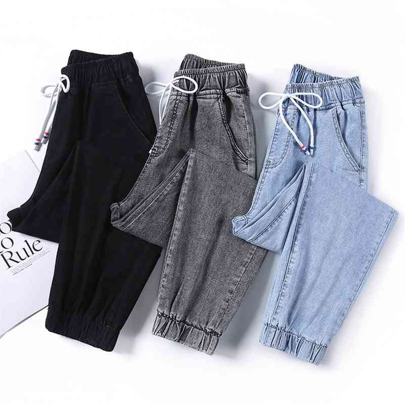 

Jeans Woman High Waist Drawstring Loose Plus Size Casual Street Style Denim Ankle-length Harem Pants 210629, Blue
