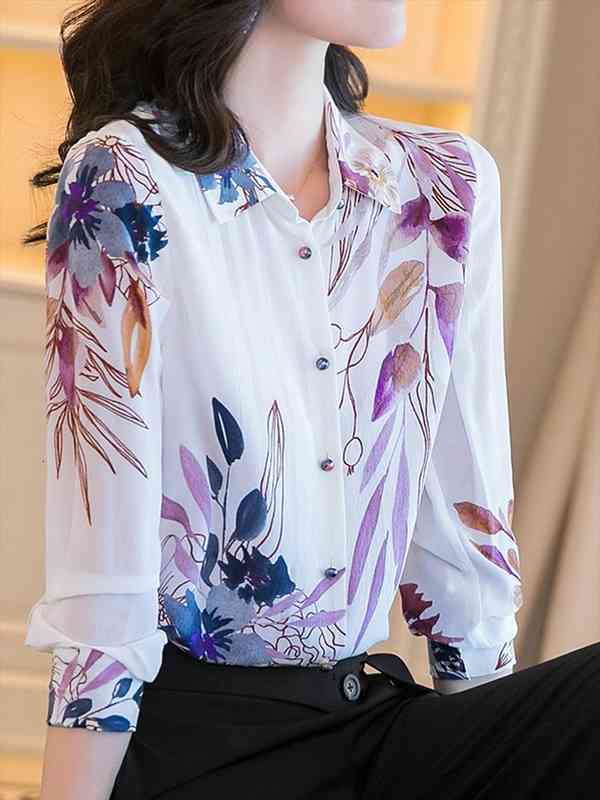 

White Flower Silk Shirt Women Blouse Fashion Long Sleeve Printed Satin Shirt Elegant Ol Office Ladies Work Female Top