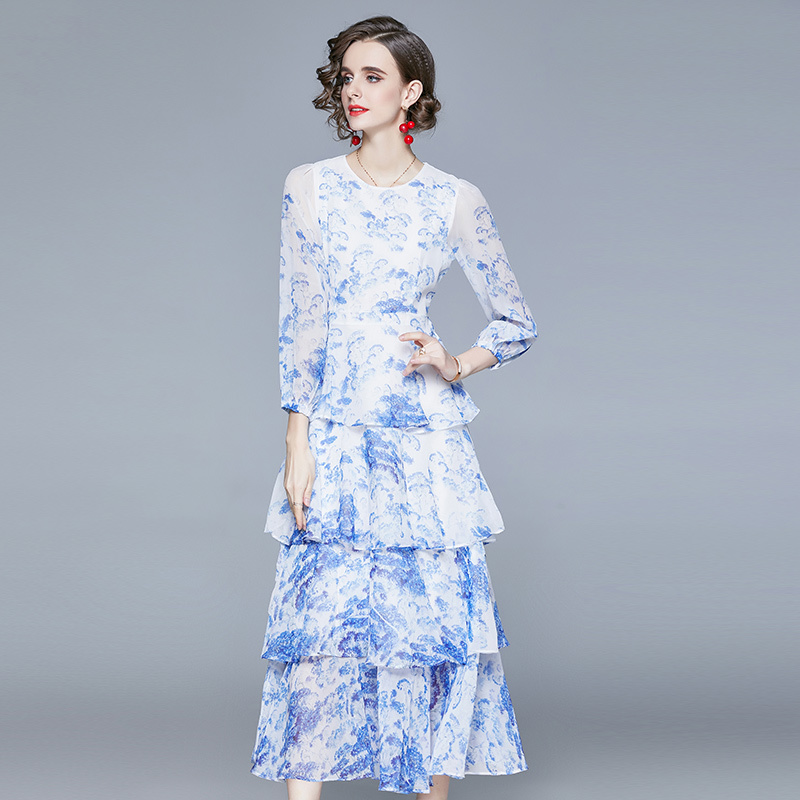 

Women Spring Designer Elegant Blue Chiffon Printed Dress Female Casual Party Robe Layers Ruffles Cake Maxi Dresses Vestidos 210525