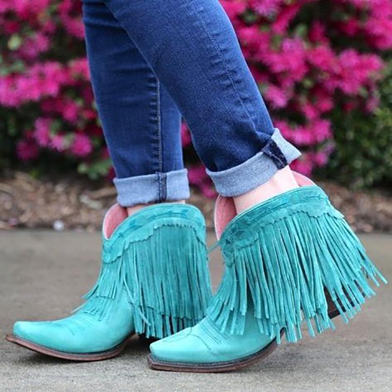

Boots Turquoise Fringe Booties 2021 Autumn Fashion Tassel Short Square Heels Medium Women Slip On Shoes Manufacturer, Pink