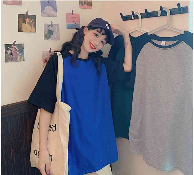 

Cotton O-neck Loose Casual Women's Long T-shirts Female Tops Half Raglan Sleeve Patchwork Korean Summer Lady Girls Tshirt 210518, Green