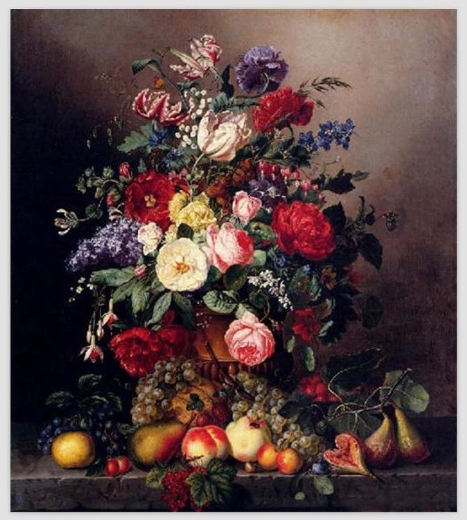 Hand Painted Classical Flower Oil Painting on Canvas A Still Life Assorted Flowers with Fruits Wall Art for Kitchen, Dinning Room, Hotem, Home De-image-739503880