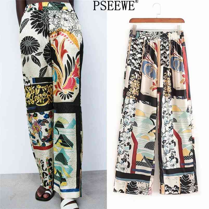 

Women's Pants Patchwork High Waisted Trousers For Female Summer Vintage Loose Wide Leg Woman Elastic Waist 210519, Print