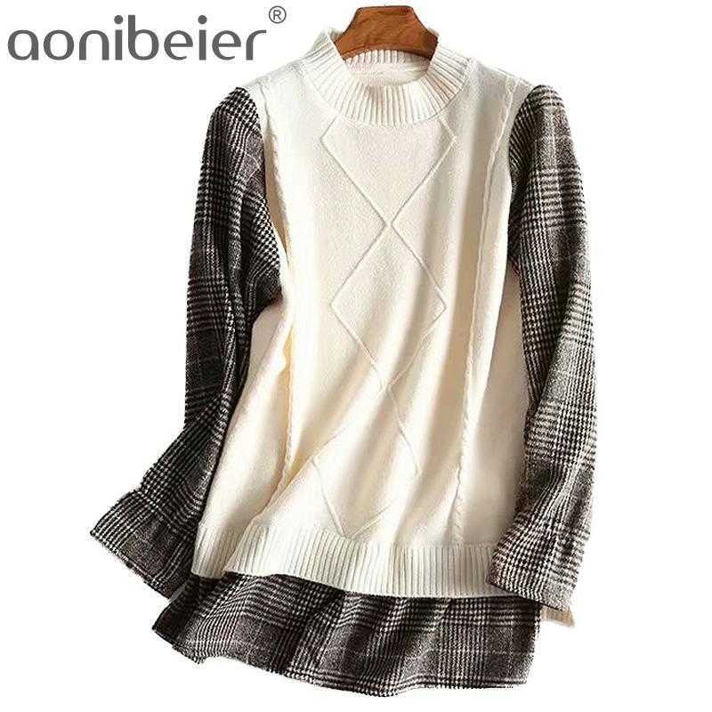 

Autumn Women Argyle Contrast Colors Plaid Patchwork Sleeve Sweater Stylish Chic Female Knitwear Casual Pullovers 210604, Cream