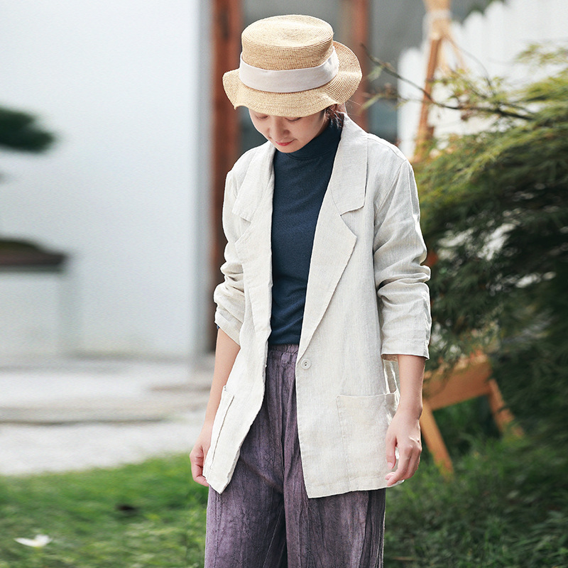 

Johnature Autumn Leisure Fashion V-neck Single Button Long Sleeve Coats Cotton Linen Comfortable All-match Women Coat 210521, Beige