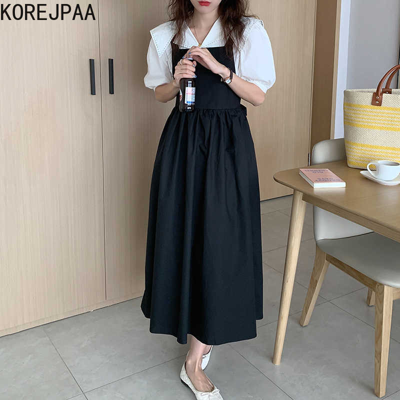 

Korejpaa Women Sets Summer Korean Chic All-Match Minority Lapel Loose Puff Sleeve Shirt Square Neck Tie Waist Strap Dress 210526