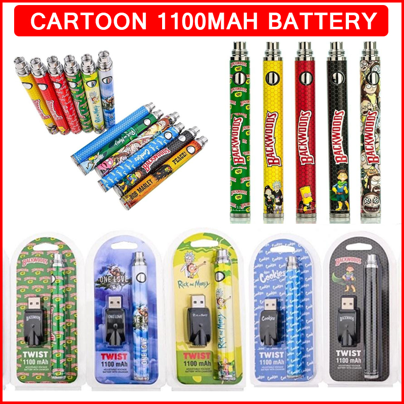 

Cartoon Printing Twist Battery Charging Kit Backwoods 510 Thread Cookies Runtz 1100mAh VV Variable Voltage Adjustable Vape Pen Blister Packa